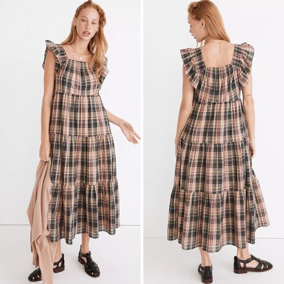 Madewell Dresses & Skirts - NEW Madewell Flutter-Sleeve Tiered‎ Midi Dress in Plaid, M